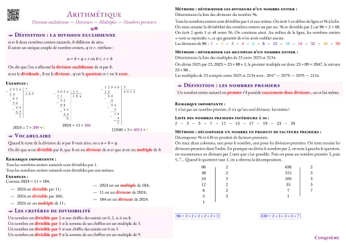 Fiche de synthèse --- Arithmétique --- Division euclidienne --- Diviseurs --- Multiples --- Nombres premiers