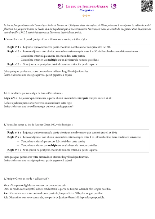 Activité --- Situation Initiale --- Le jeu de Juniper-Green