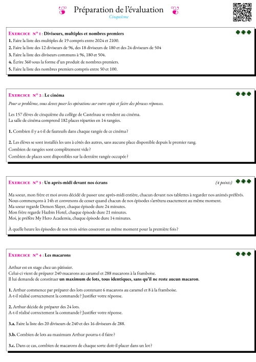 Formation --- Fiche de préparation à l'évaluation --- Diviseurs, multiples et nombres premiers