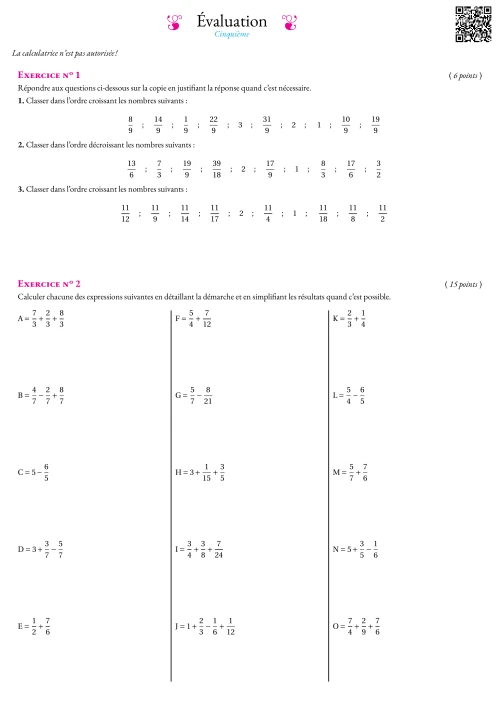 Formation --- Évaluation --- Fractions, définition, égalité et comparaison