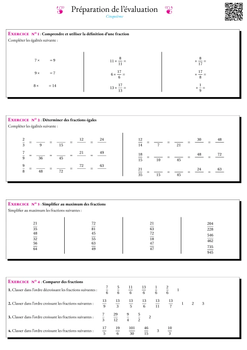 Formation --- Fiche de préparation à l'évaluation --- Fractions, définition, égalité et comparaison