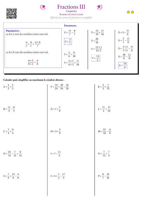 Fiche Exercice Gradué --- Somme de fractions