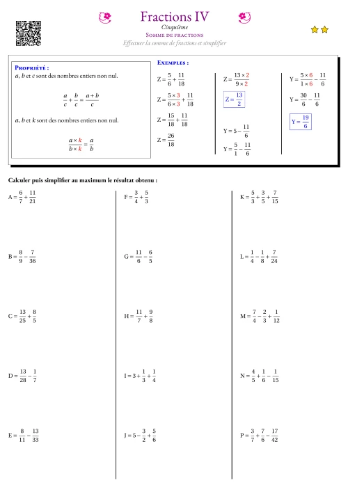 Fiche Exercice Gradué --- Somme de fractions