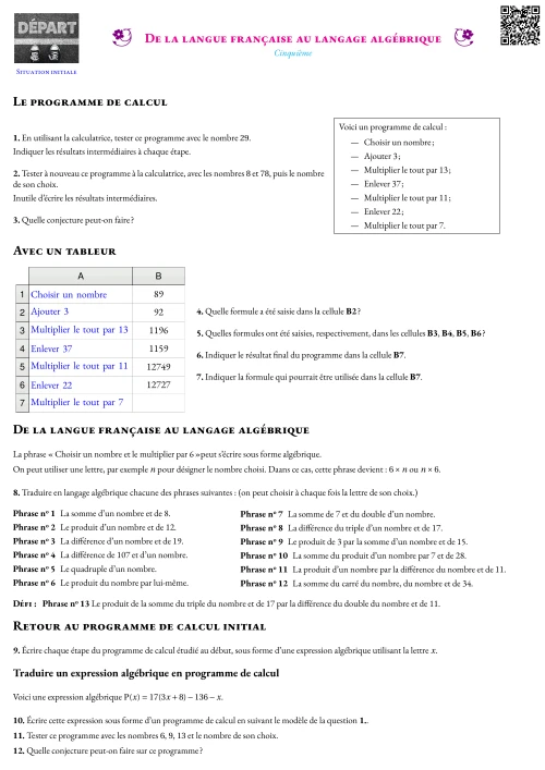 Activité --- Situation Initiale --- Calcul littéral,Programme de calcul