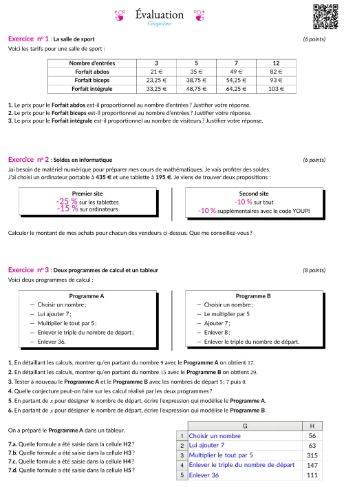 Formation --- Évaluation --- Calcul littéral et proportionnalité