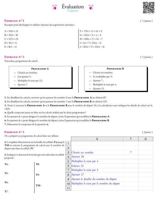 Formation --- Évaluation --- Calcul littéral et programmes de calcul