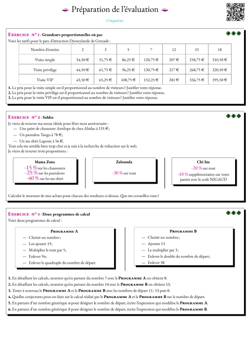 Formation --- Fiche de préparation à l'évaluation --- Calcul littéral et proportionnalité