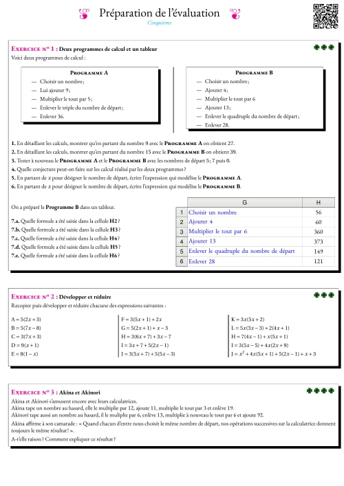 Formation --- Fiche de préparation à l'évaluation --- Calcul littéral et programmes de calcul