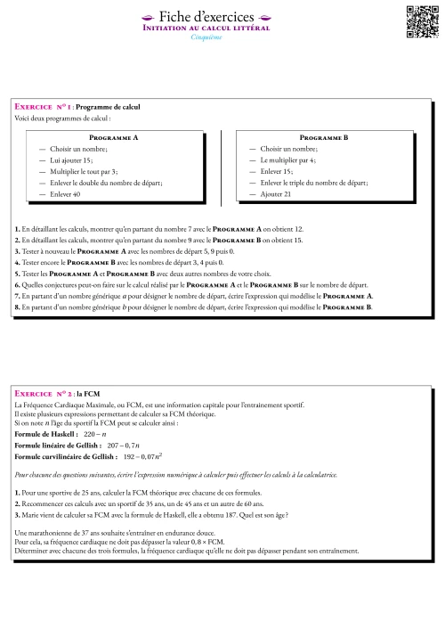 Formation --- Fiche d'entrainement --- Initiation au calcul littéral