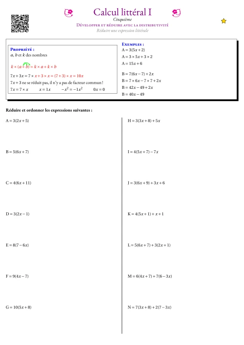 Fiche Exercice Gradué --- Développer et réduire avec la distributivité