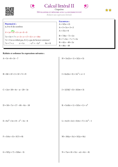Fiche Exercice Gradué --- Développer et réduire avec la distributivité
