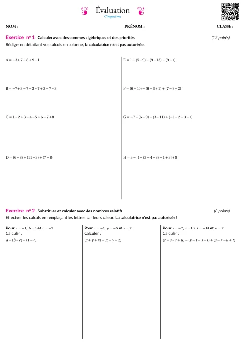 Formation --- Évaluation --- Somme algébrique de relatifs