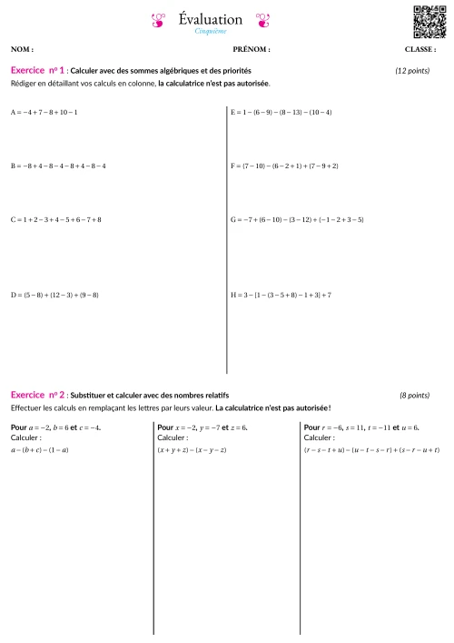 Formation --- Évaluation --- Somme algébrique de relatifs