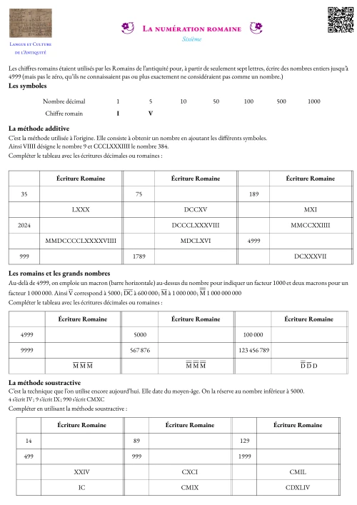 Activité --- Langue et Culture de l'Antiquité --- Numération,Décimaux,Chiffre