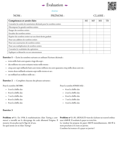 Formation --- Évaluation --- Nombres entiers, opérations et problèmes