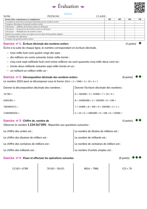 Formation --- Évaluation --- Nombres entiers