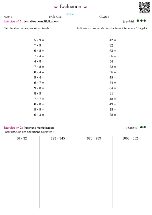 Formation --- Évaluation --- Les tables de multiplication