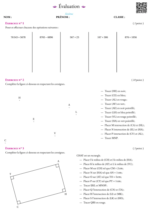 Formation --- Évaluation --- Calculs posés et géométrie