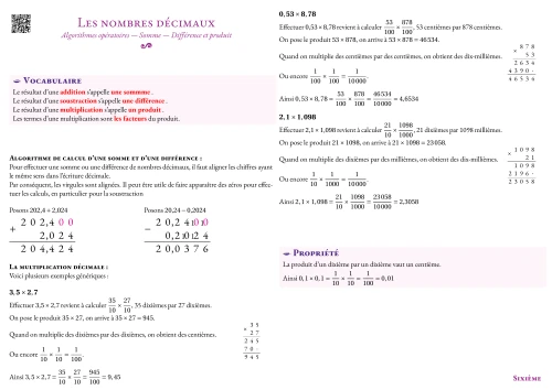Fiche de synthèse --- Les nombres décimaux --- Algorithmes opératoires --- Somme --- Différence et produit