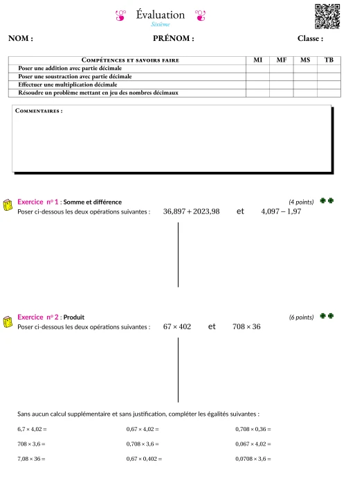 Formation --- Évaluation --- Opération et problèmes sur les décimaux
