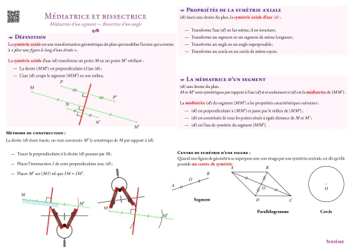 Fiche de synthèse --- Médiatrice et bissectrice --- Médiatrice d'un segment --- Bissectrice d'un angle
