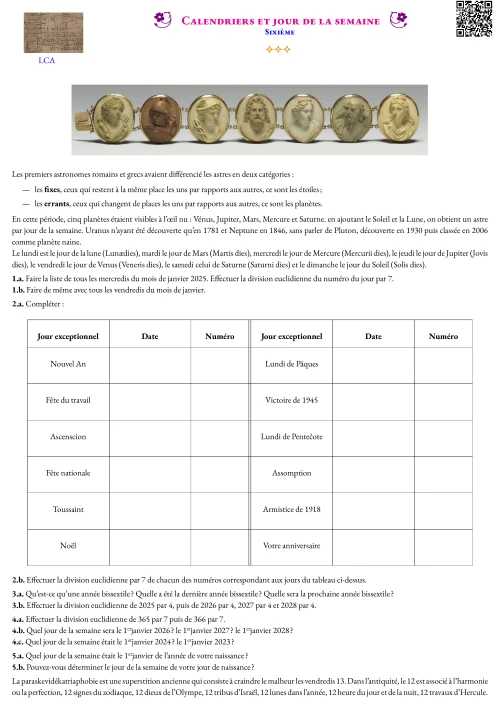 Activité --- Langue et Culture de l'Antiquité --- Calendriers et jour de la semaine