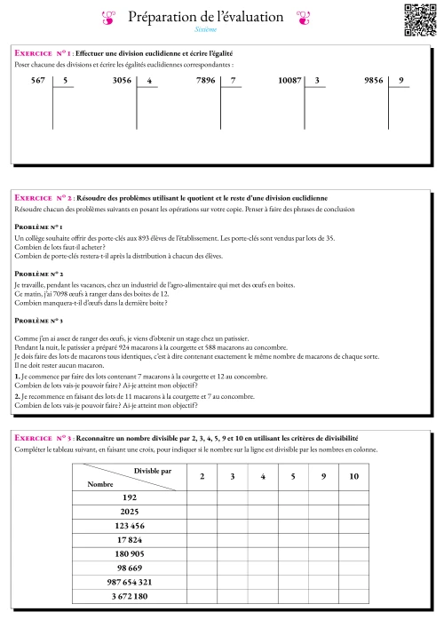 Formation --- Fiche de préparation à l'évaluation --- Division euclidienne