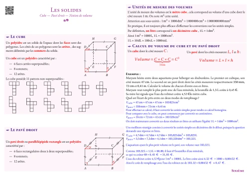 Fiche de synthèse --- Les solides --- Cube --- Pavé droit --- Notion de volume