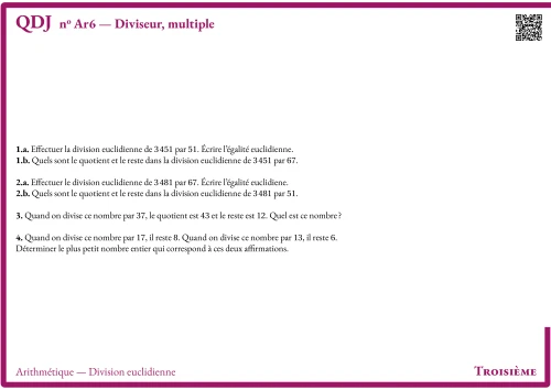 Question Du Jour --- Arithmétique --- Division euclidienne --- Diviseur, multiple