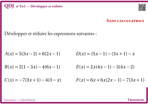 Question Du Jour --- Fonctions --- Calcul littéral --- Développer et réduire