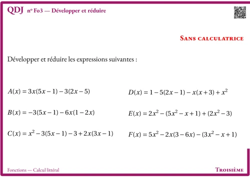 Question Du Jour --- Fonctions --- Calcul littéral --- Développer et réduire