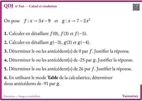 Question Du Jour --- Fonctions --- Image et antécédent --- Calcul et résolution