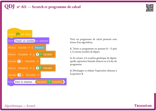 Question Du Jour --- Algorithmique --- Scratch --- Scratch et programme de calcul