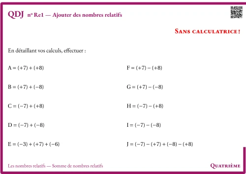 Question Du Jour --- Les nombres relatifs --- Somme de nombres relatifs --- Ajouter des nombres relatifs
