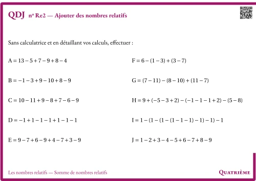 Question Du Jour --- Les nombres relatifs --- Somme de nombres relatifs --- Ajouter des nombres relatifs