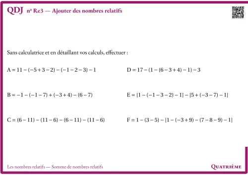 Question Du Jour --- Les nombres relatifs --- Somme de nombres relatifs --- Ajouter des nombres relatifs