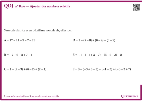 Question Du Jour --- Les nombres relatifs --- Somme de nombres relatifs --- Ajouter des nombres relatifs