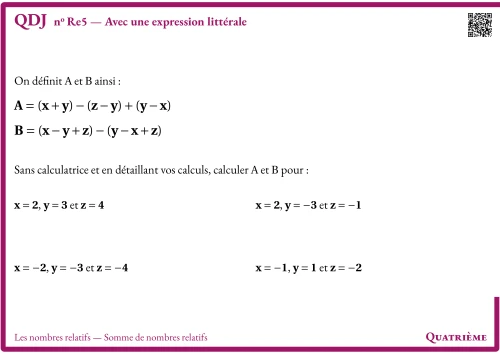Question Du Jour --- Les nombres relatifs --- Somme de nombres relatifs --- Avec une expression littérale