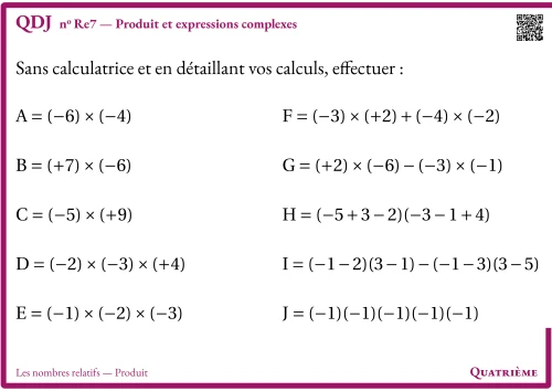 Question Du Jour --- Les nombres relatifs --- Produit --- Produit et expressions complexes