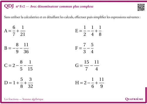 Question Du Jour --- Les fractions --- Somme algébrique --- Avec dénominateur commun plus complexe
