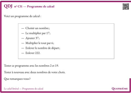 Question Du Jour --- Le calul littéral --- Programme de calcul --- Programme de calcul