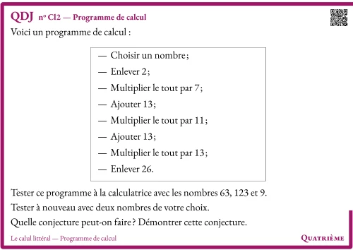 Question Du Jour --- Le calul littéral --- Programme de calcul --- Programme de calcul