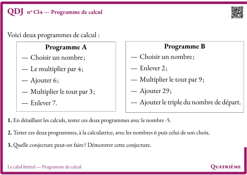 Question Du Jour --- Le calul littéral --- Programme de calcul --- Programme de calcul
