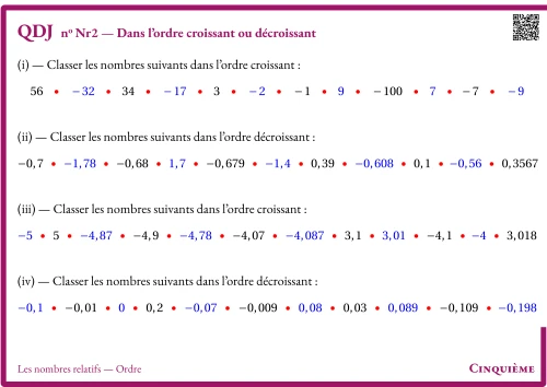 Question Du Jour --- Les nombres relatifs --- Ordre --- Dans l'ordre croissant ou décroissant