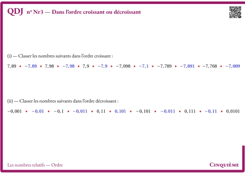 Question Du Jour --- Les nombres relatifs --- Ordre --- Dans l'ordre croissant ou décroissant