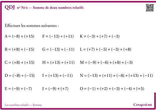 Question Du Jour --- Les nombres relatifs --- Somme --- Somme de deux nombres relatifs