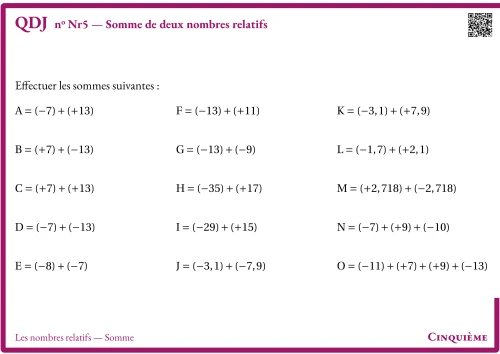 Question Du Jour --- Les nombres relatifs --- Somme --- Somme de deux nombres relatifs