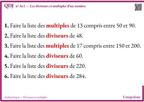 Question Du Jour --- Arithmétique --- Diviseurs et multiples --- Les diviseurs et multiples d'un nombre