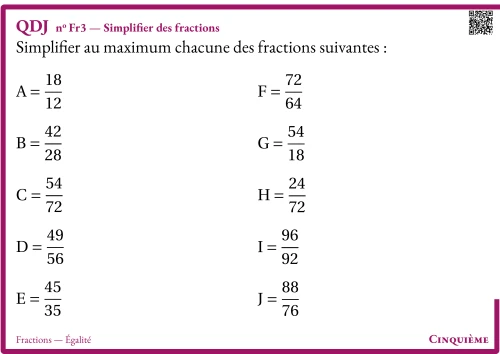 Question Du Jour --- Fractions --- Égalité --- Simplifier des fractions