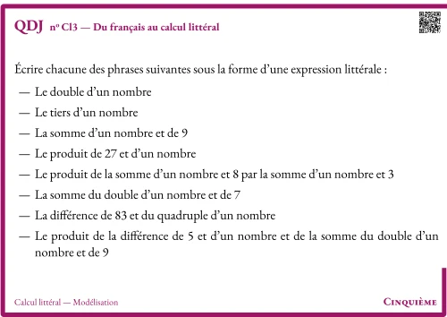 Question Du Jour --- Calcul littéral --- Modélisation --- Du français au calcul littéral